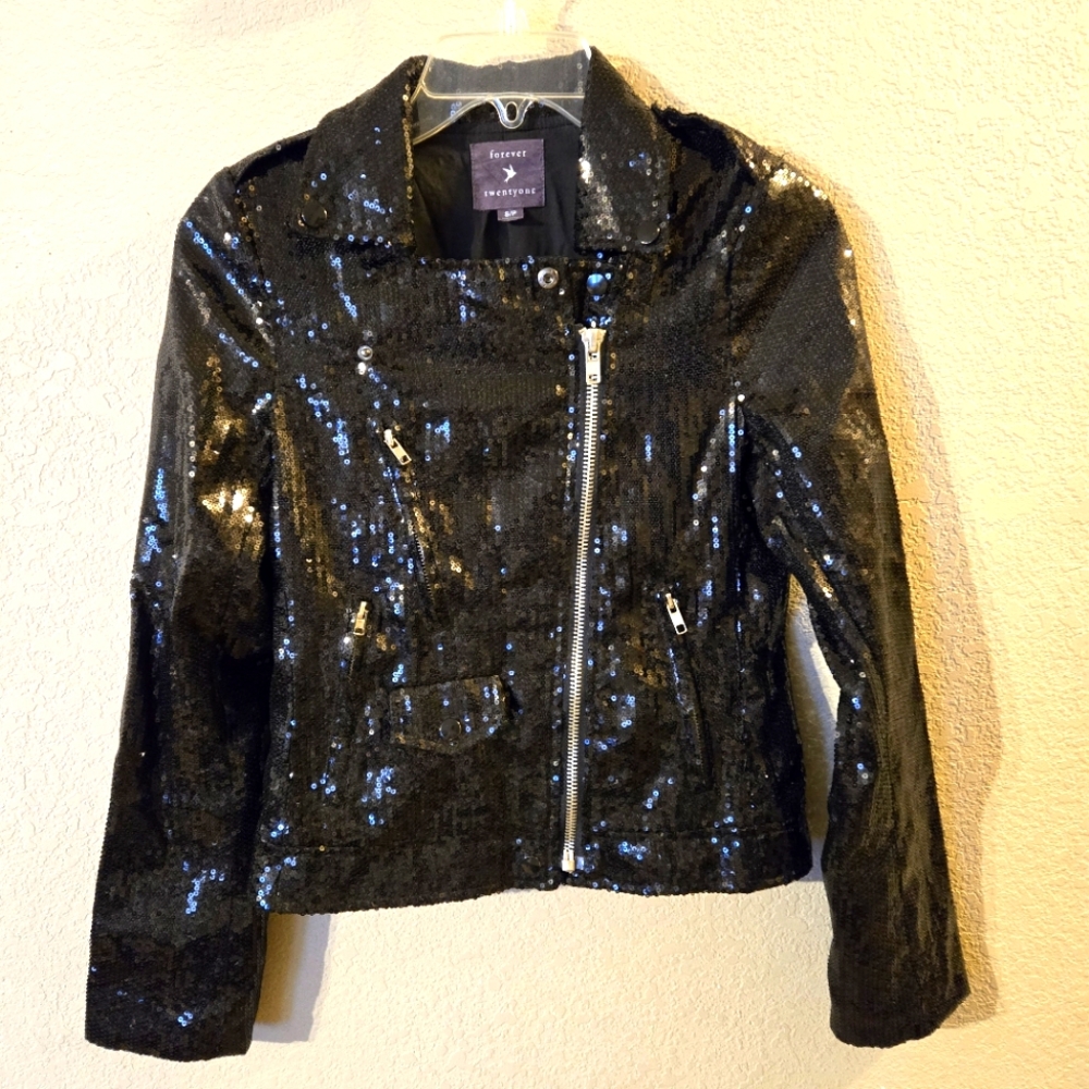 Forever 21 Womens Black Sequined Long Sleeve Bomber Jacket Size Petite Small